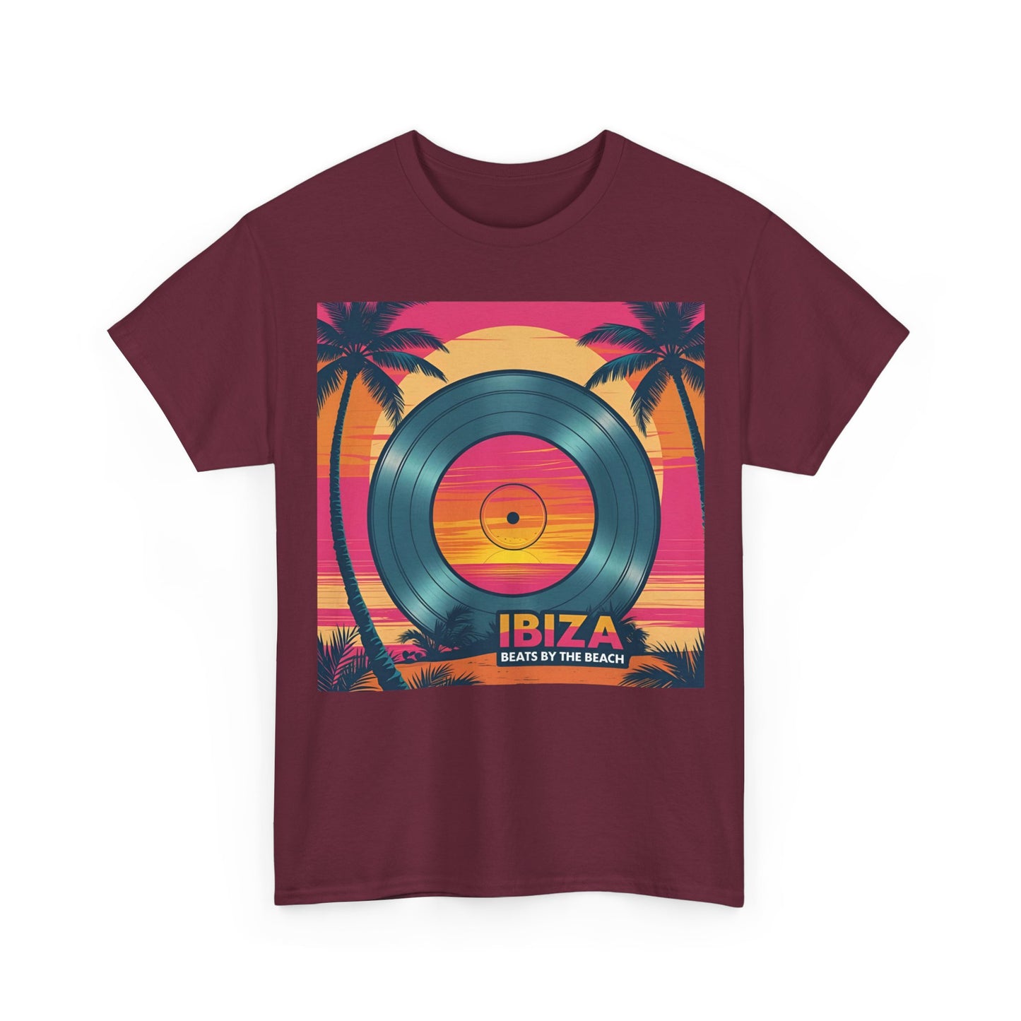Ibiza Beats By The Beach T-Shirt – Electronic Music & Sunset Wear – Maroon