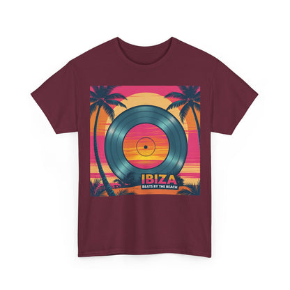 Ibiza Beats By The Beach T-Shirt – Electronic Music & Sunset Wear – Maroon