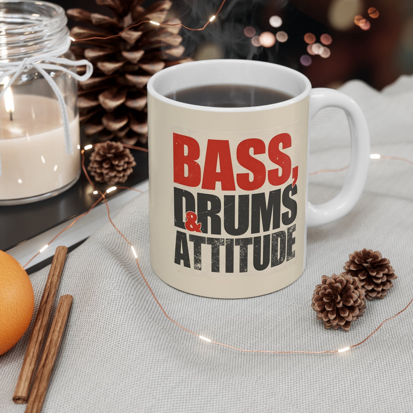 Music Lover's Mug - Bass, Drums & Attitude, Gift for Musicians, Coffee Cup, Band Merchandise, Drumming Gift, Musician Appreciation