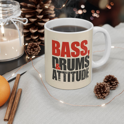 Music Lover's Mug - Bass, Drums & Attitude, Gift for Musicians, Coffee Cup, Band Merchandise, Drumming Gift, Musician Appreciation