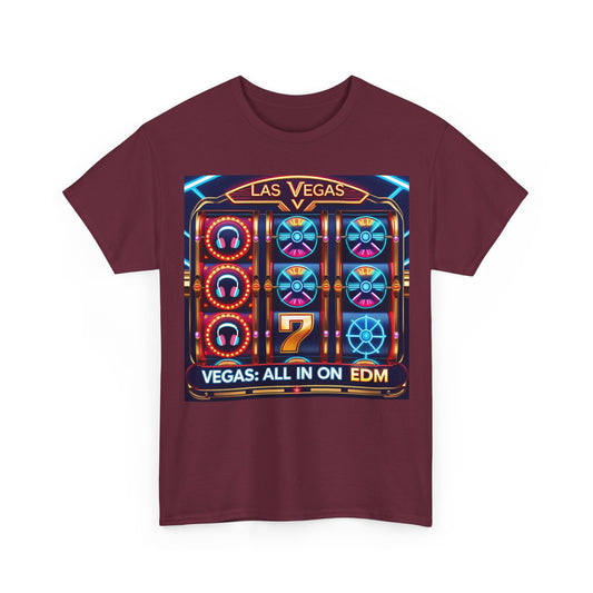 Las Vegas All In On EDM T-Shirt – Neon Slot Machine Wear – Maroon