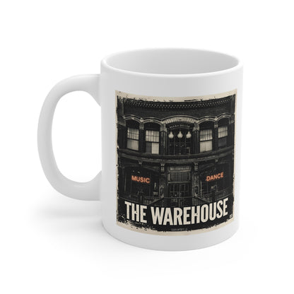 Vintage Music Cafe Mug, The Warehouse Coffee Cup, Gift for Music Lovers, Retro Style Drinkware, Unique Vintage Mug