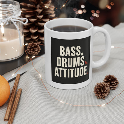 Bass, Drums & Attitude Mug | Music Lover Coffee Cup, Gift for Musicians, Drum Enthusiast, Band Member Coffee Mug, Cool Music Quote