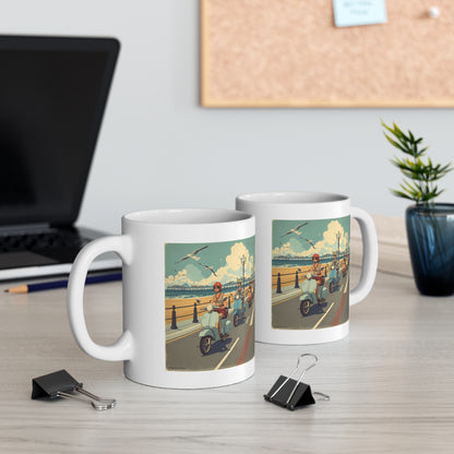 Retro Beach Scooter Mug, Vintage Beach Scene Coffee Cup, Coastal Living Gift, Seaside Vibes, Perfect for Summer Celebrations