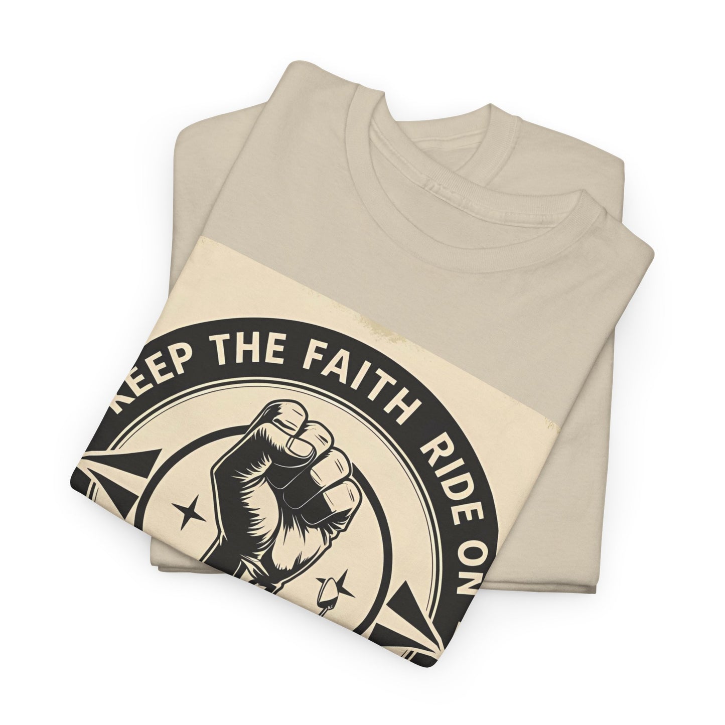 Vintage-Inspired Unisex Heavy Cotton Tee | "Keep the Faith, Ride On" Graphic, Casual Wear, Gifts for Riders, Retro Tee, Motorcycle Apparel