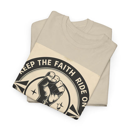 Vintage-Inspired Unisex Heavy Cotton Tee | "Keep the Faith, Ride On" Graphic, Casual Wear, Gifts for Riders, Retro Tee, Motorcycle Apparel