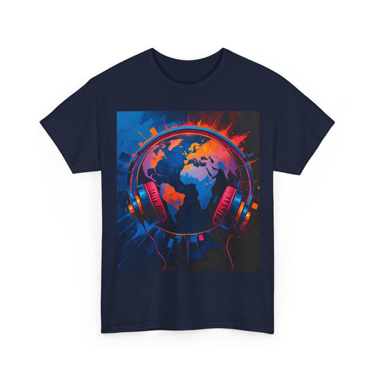 Global Beat T-Shirt – World & Headphones Graphic – Navy