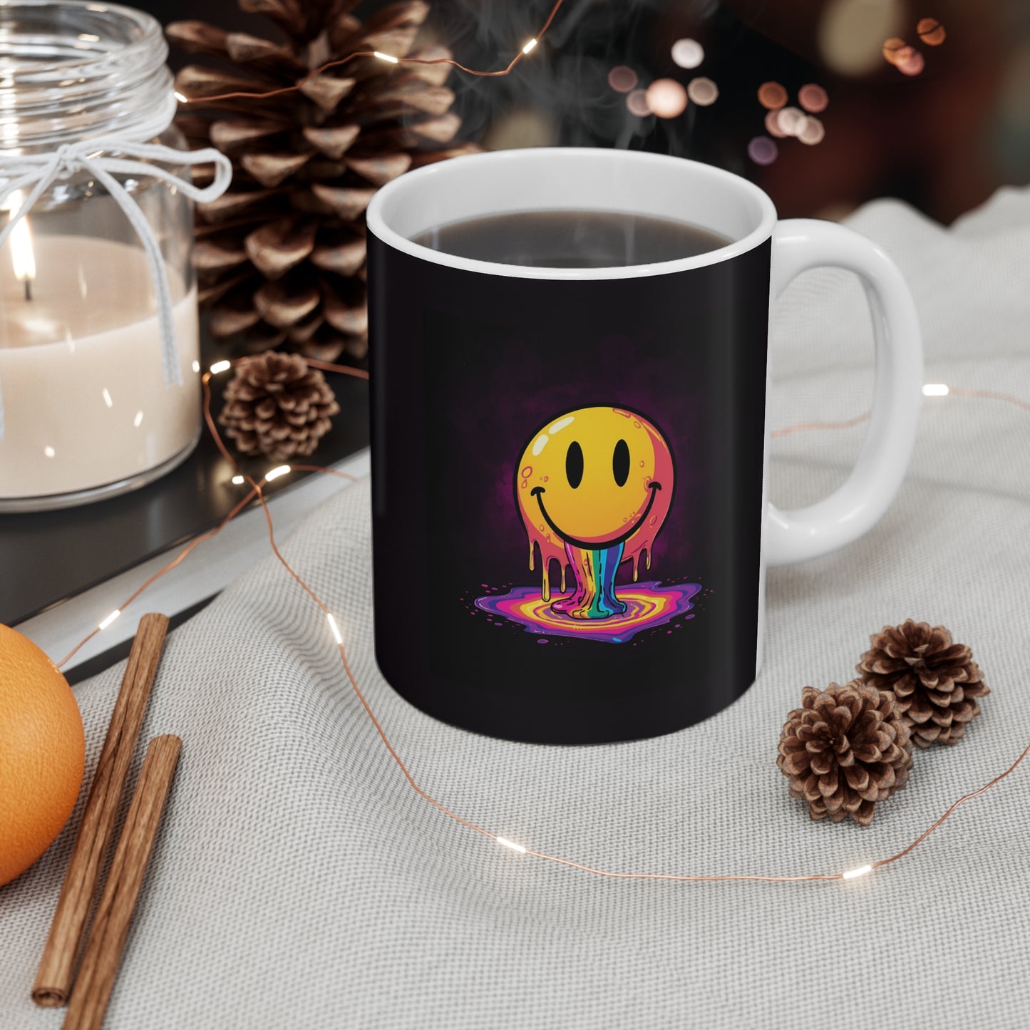 Colorful Smiley Face Mug, Funny Coffee Cup, Gift for Friends, Quirky Kitchenware, Rainbow Dripping Smiley