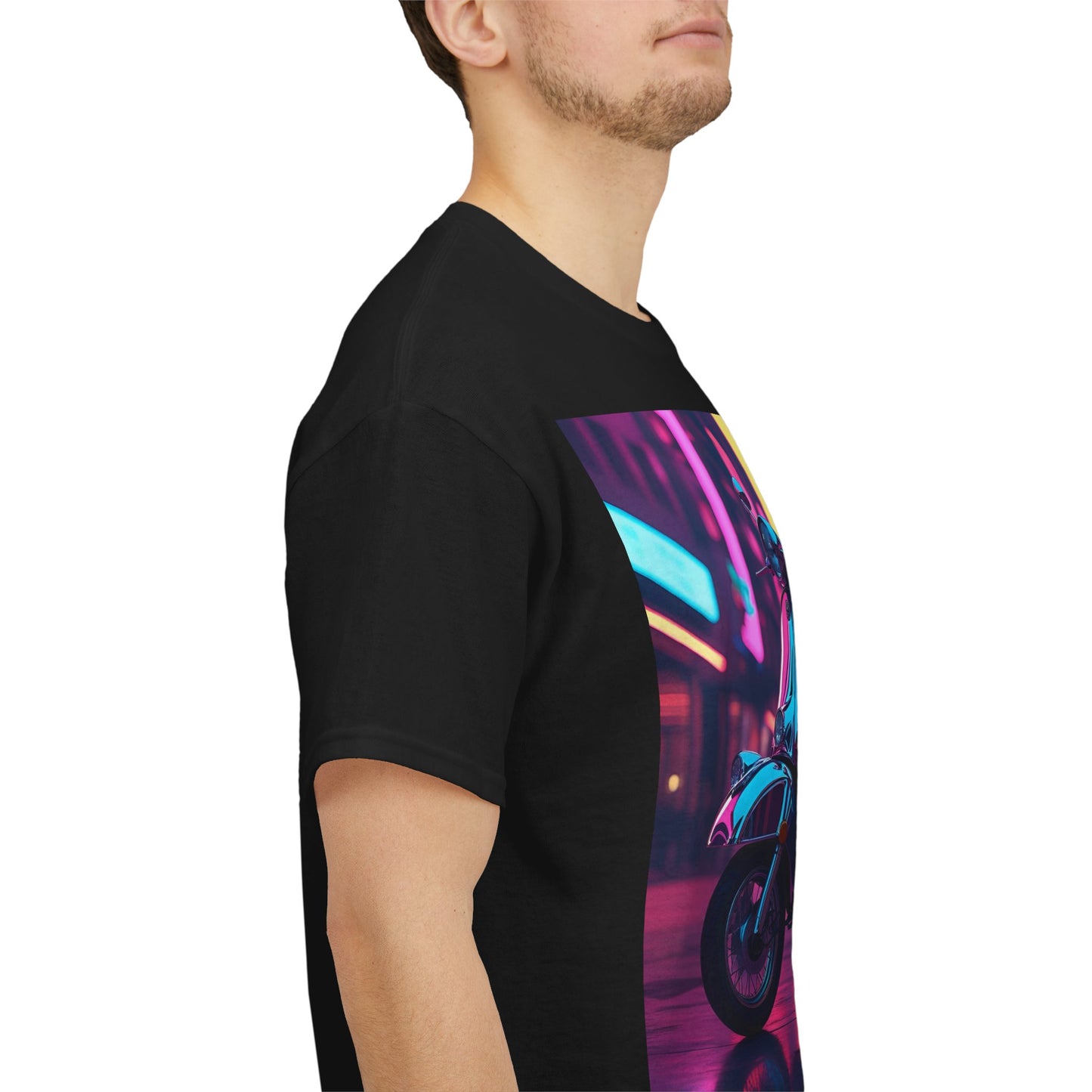 Futuristic Scooter T-Shirt – Neon Urban Scene – Black