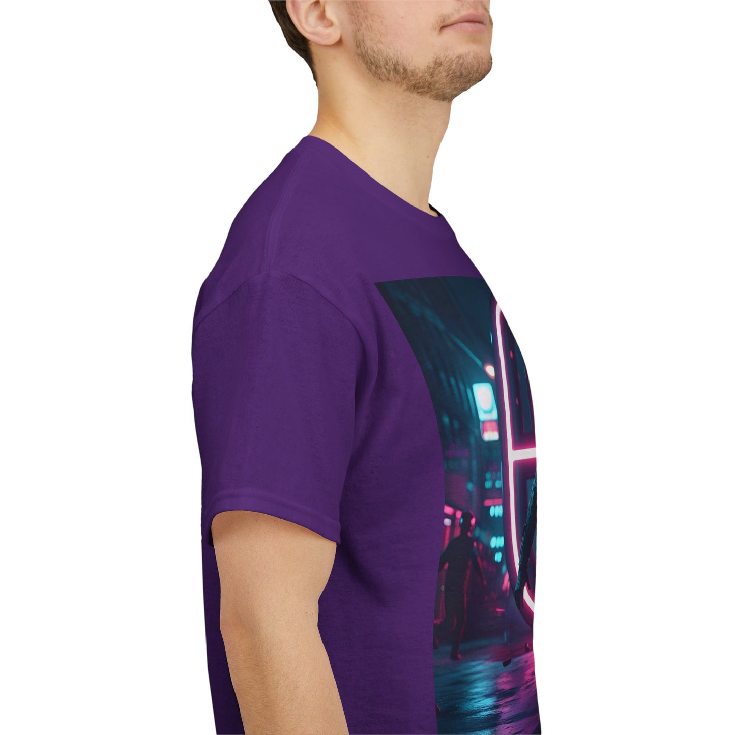 Cyberpunk Target T-Shirt – Neon Urban Runner – Purple
