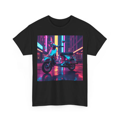 Futuristic Scooter T-Shirt – Neon Urban Scene – Black