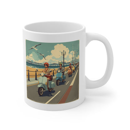 Retro Beach Scooter Mug, Vintage Beach Scene Coffee Cup, Coastal Living Gift, Seaside Vibes, Perfect for Summer Celebrations
