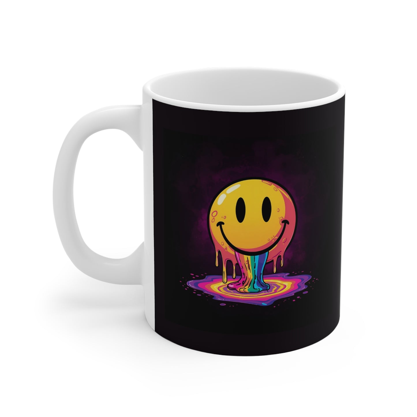 Colorful Smiley Face Mug, Funny Coffee Cup, Gift for Friends, Quirky Kitchenware, Rainbow Dripping Smiley
