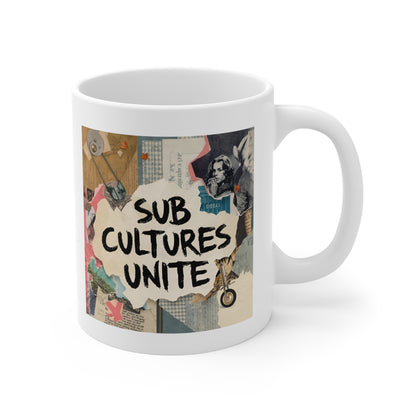 Subcultures Unite Mug, 11oz White Coffee Cup, Unique Gift for Creatives, Artistic Drinkware, Hipster Decor, Friends Gathering