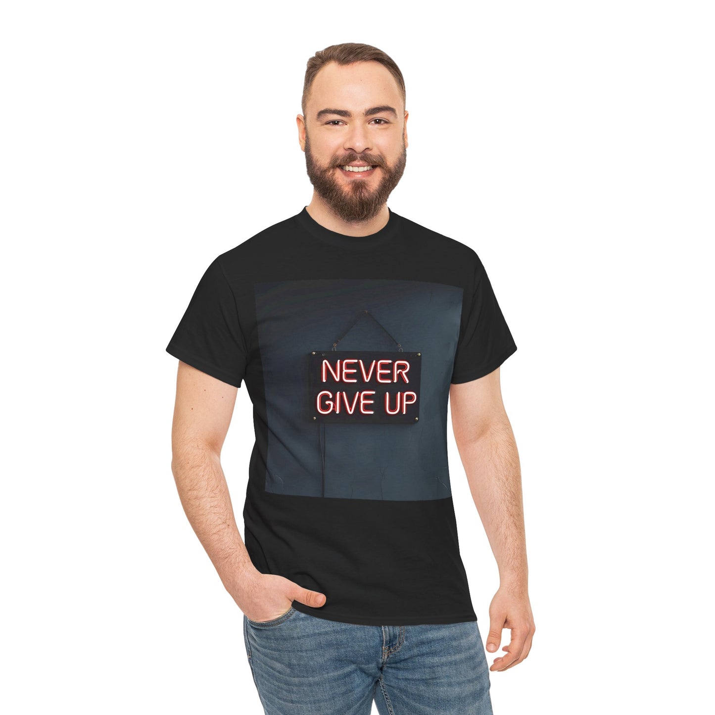 Never Give Up T-Shirt – Motivational Neon Tee – Black