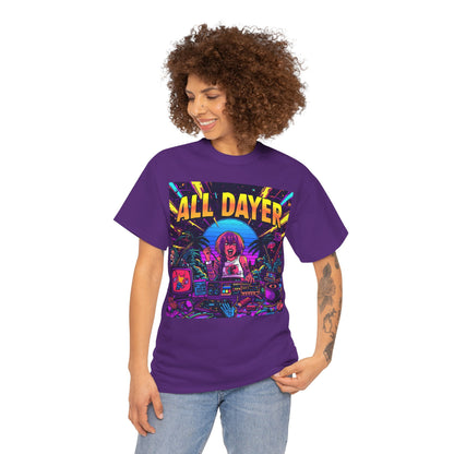 All Dayer Neon DJ Rave T-Shirt – Retro Party Graphic Tee (Gildan 5000)