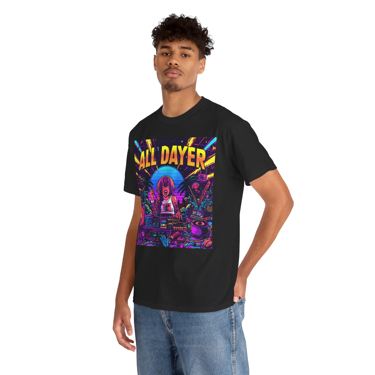 All Dayer Neon DJ Rave T-Shirt – Retro Party Graphic Tee (Gildan 5000)