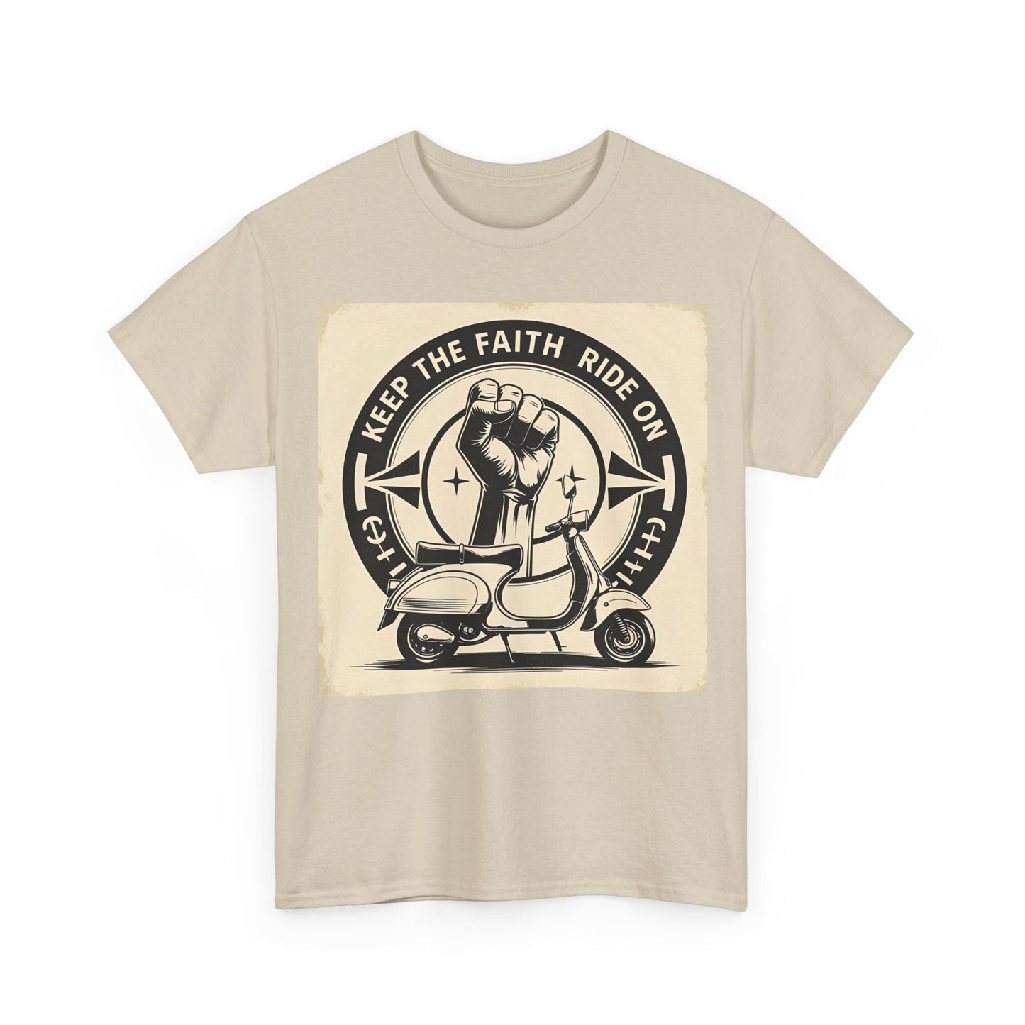 Vintage-Inspired Unisex Heavy Cotton Tee | "Keep the Faith, Ride On" Graphic, Casual Wear, Gifts for Riders, Retro Tee, Motorcycle Apparel