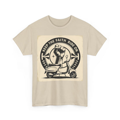 Vintage-Inspired Unisex Heavy Cotton Tee | "Keep the Faith, Ride On" Graphic, Casual Wear, Gifts for Riders, Retro Tee, Motorcycle Apparel