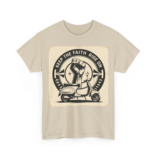 Vintage-Inspired Unisex Heavy Cotton Tee | "Keep the Faith, Ride On" Graphic, Casual Wear, Gifts for Riders, Retro Tee, Motorcycle Apparel