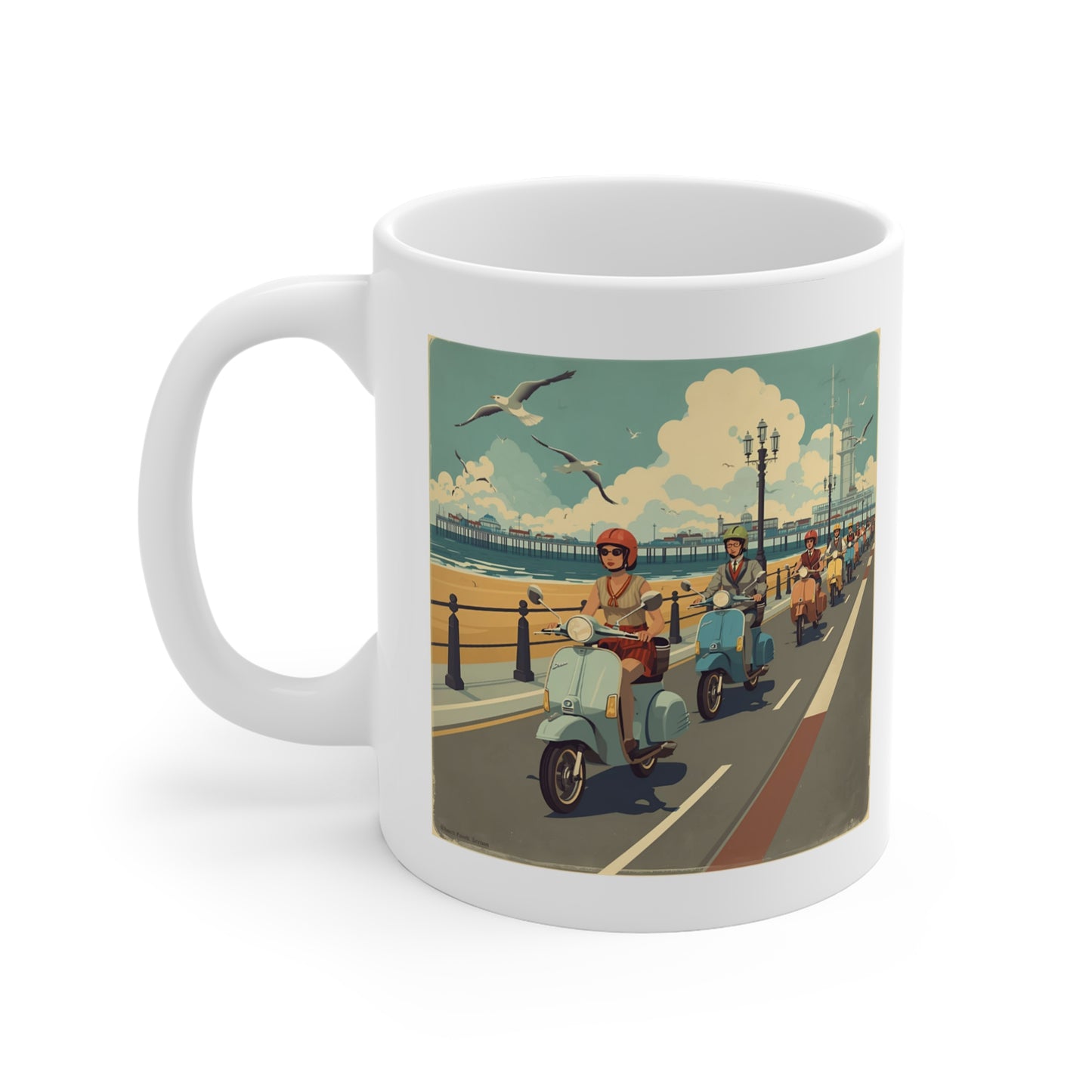Retro Beach Scooter Mug, Vintage Beach Scene Coffee Cup, Coastal Living Gift, Seaside Vibes, Perfect for Summer Celebrations