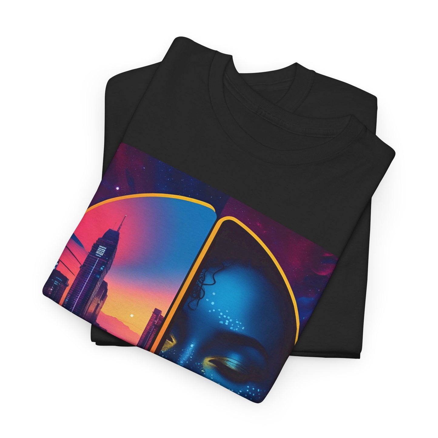 Urban Cosmic T-Shirt – Surreal City & Celestial Figure – Black