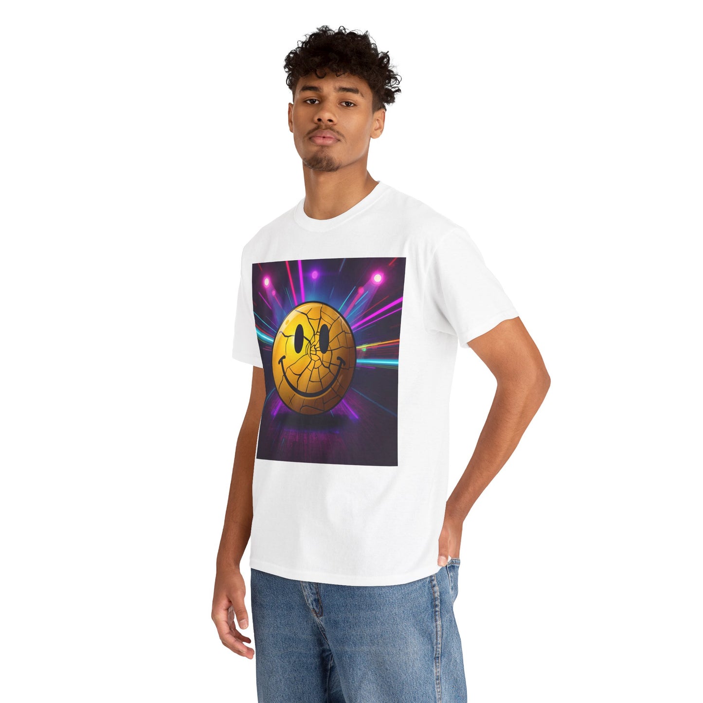 Cracked Smiley Rave T-Shirt – Acid House Neon Design on Gildan 5000