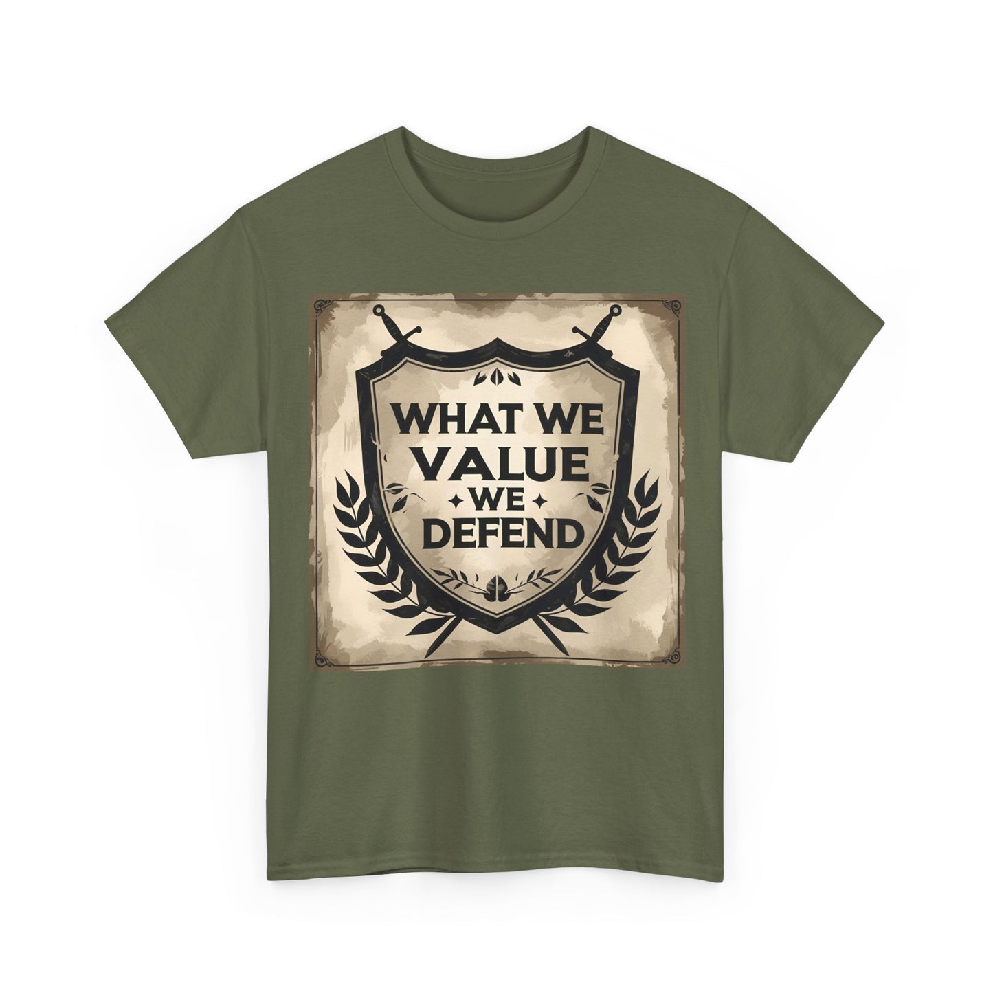 What We Value We Defend T-Shirt – Vintage Emblem & Patriotic Wear – Unisex