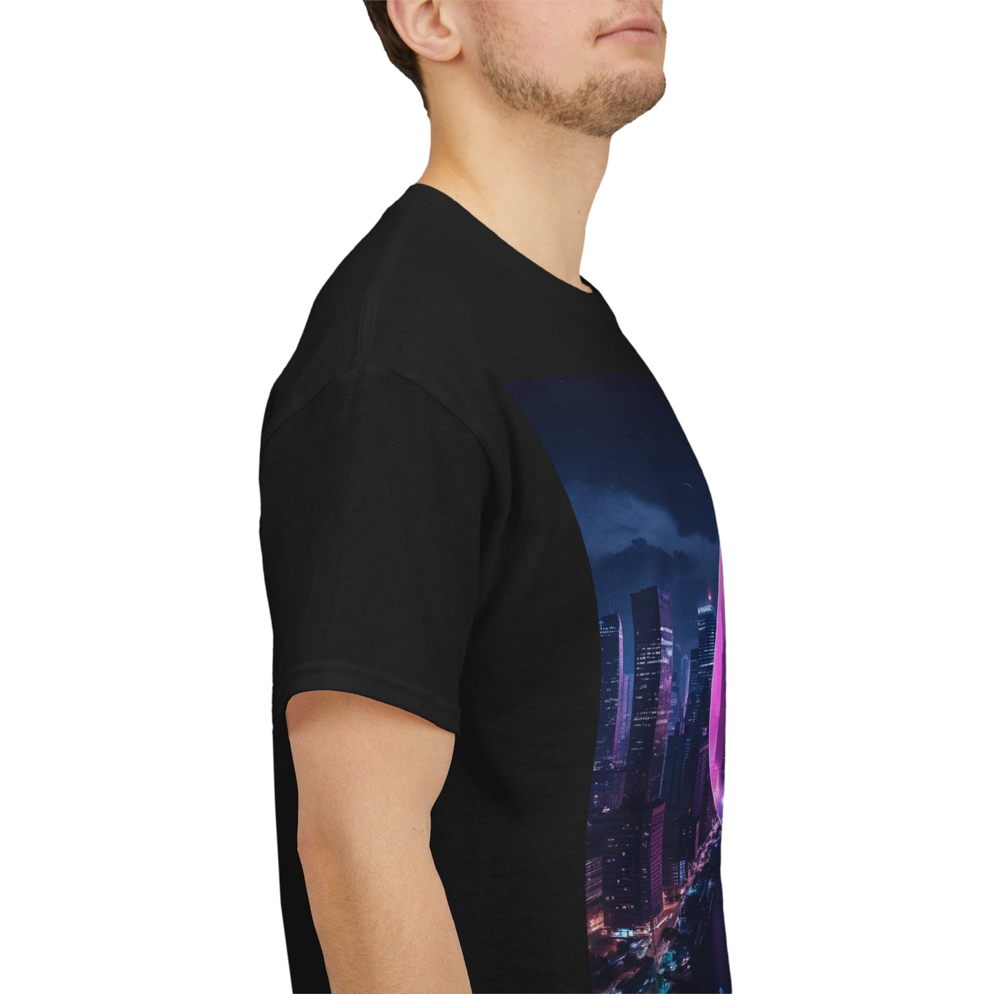 Cyberpunk Cityscape T-Shirt – Neon Urban Wear – Black